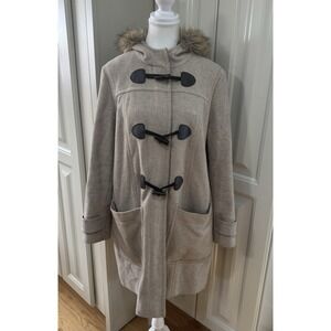 Boden Womens Size 10 Wool Blend Duffle Coat Faux Fur Hood‎ Toggle Closure Beige